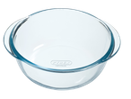Pyrex posuda od providnog stakla sa ručkama.