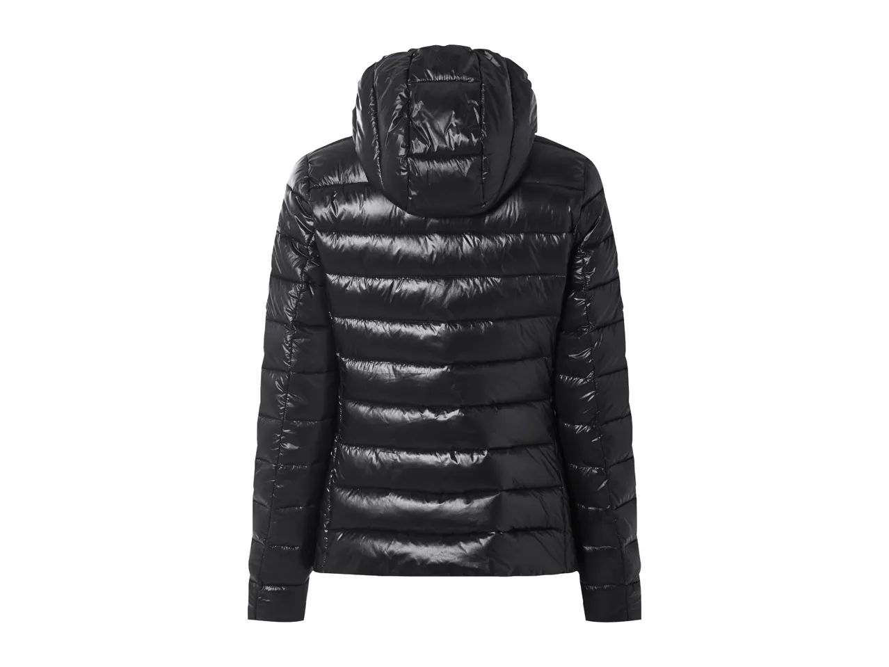 Black shiny puffer jacket with a hood, seen from the back.