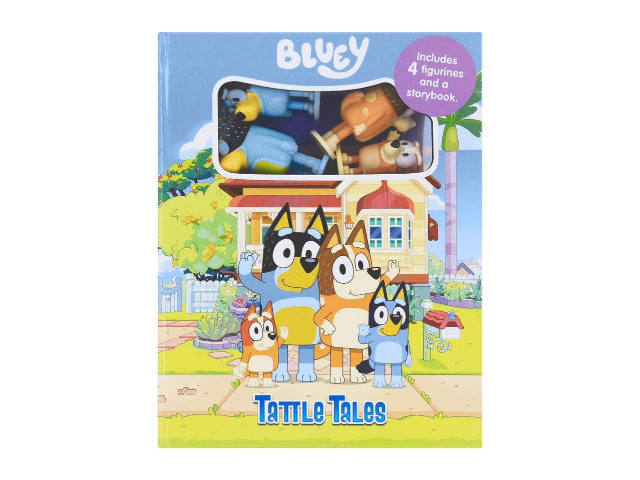 Children's book and figurine set featuring cartoon dogs, including 4 figurines and a storybook.