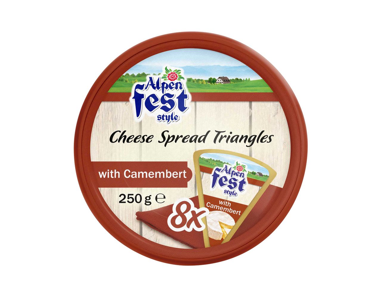 Alpenfest krémsajt háromszögek camembert ízzel, 250g-os kiszerelésben.