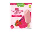 Frozen smoothie sticks with apple, strawberry, beetroot, and blueberry, labeled vegan.