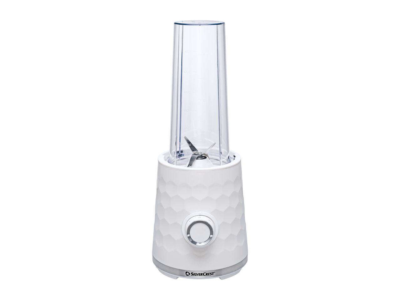 White personal blender with a clear plastic bottle and a textured base