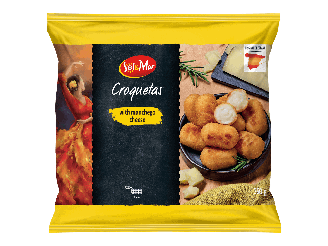 Pakastekroketteja manchego-juustolla, espanjalainen teema ja 350 g pakkauksessa.