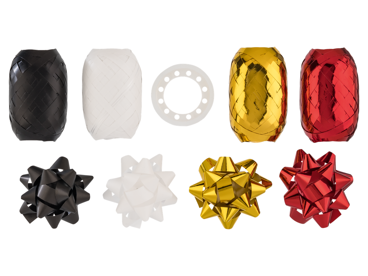 Crelando® dāvanu iesaiņošanas komplekts: melnas, baltas, zelta un sarkanas lentes un bantes.