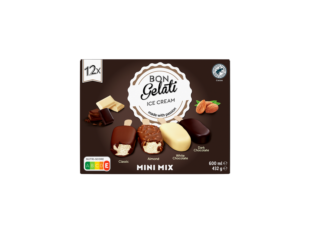 Bon Gelati Mini Mix jégkrém mandulával, klasszikus, fehér és étcsokoládéval, 12 darab