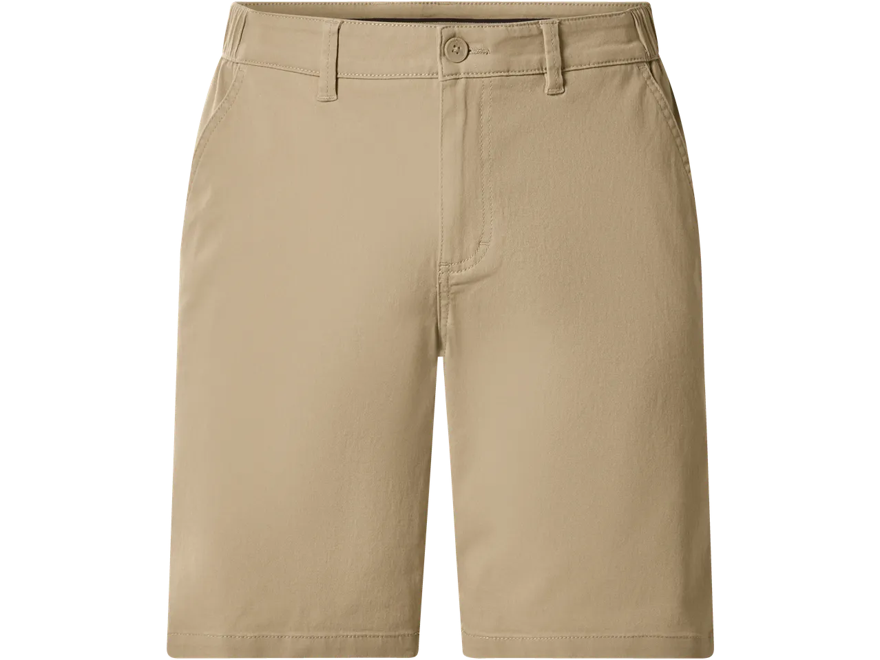 Pair of men's beige chino shorts with button closure and belt loops.