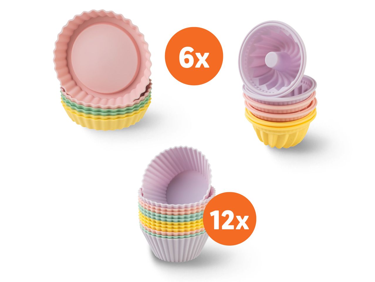 Setovi silikonskih kalupa za pečenje u pastelnim bojama: 6x kalupa za tart i 12x kalupa za muffine.