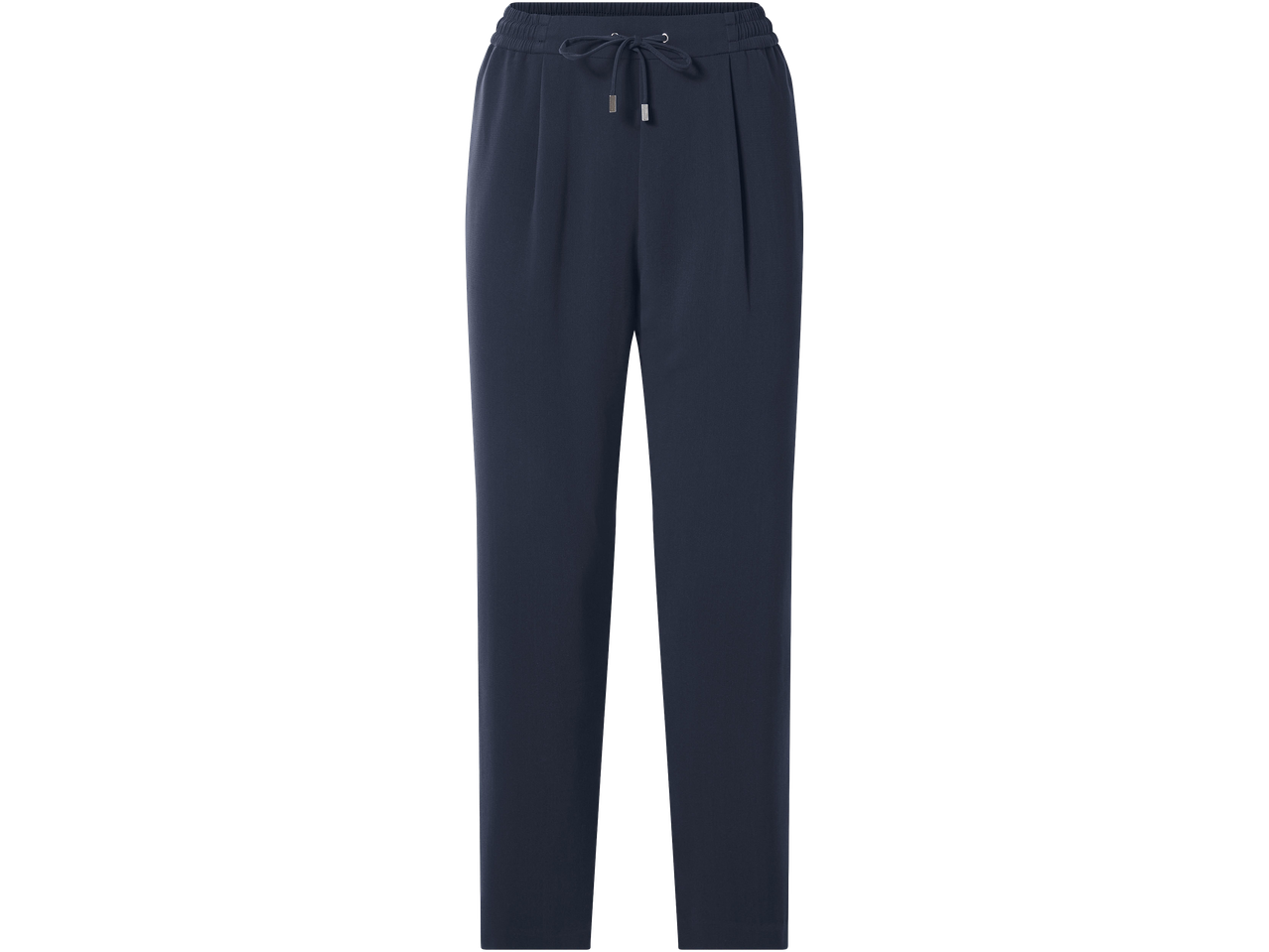 Sötétkék, húzózsinóros, pliszírozott nadrág.