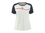 White and navy short-sleeved sports t-shirt with red and white stripes