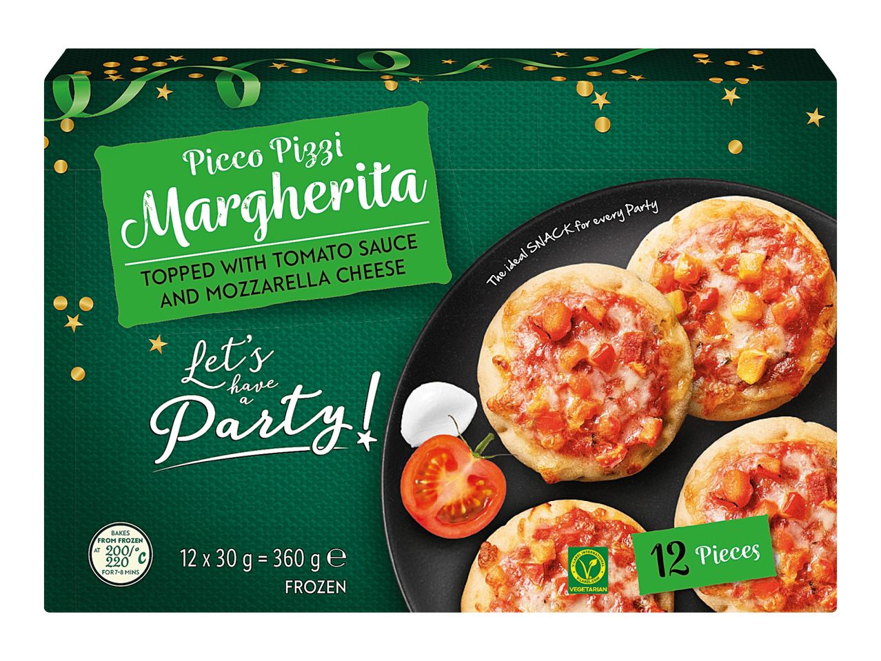 Picco Pizzi Margherita mini pizzas, 12 pieces, frozen, with tomato and mozzarella.