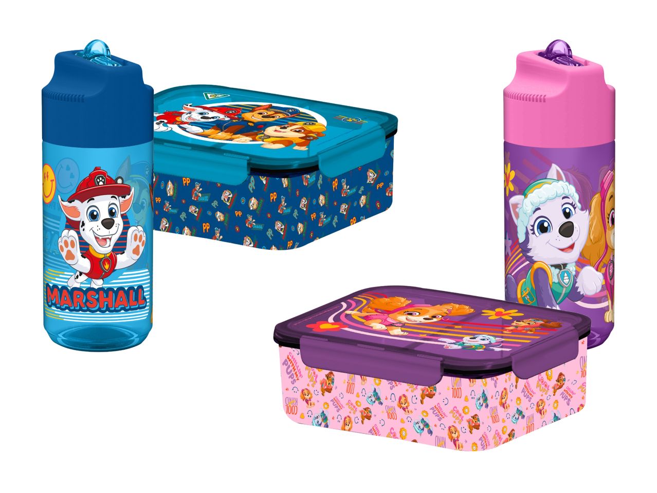 Zwei Paw Patrol Kinder-Lunchbox-Sets mit Trinkflasche.