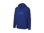 Blue hoodie with a black drawstring and a subtle logo on the chest