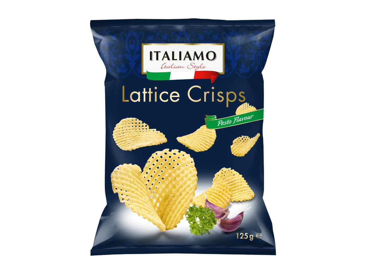 A dark blue bag of lattice crisps with pesto flavor, featuring garlic and parsley.