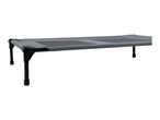 Elevated pet bed with a grey fabric sleeping surface and black frame.