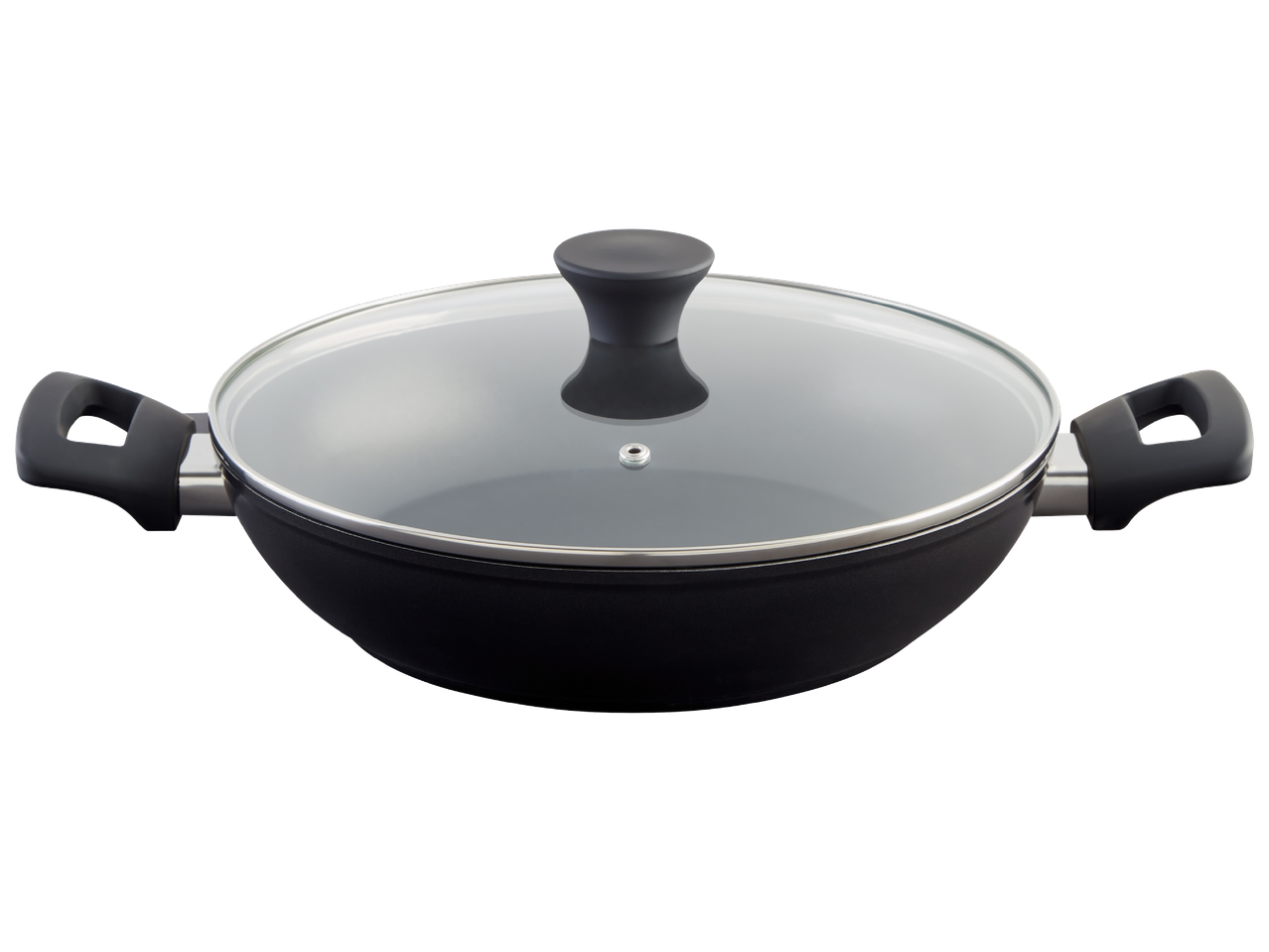 Черен тиган с две дръжки и стъклен капак.