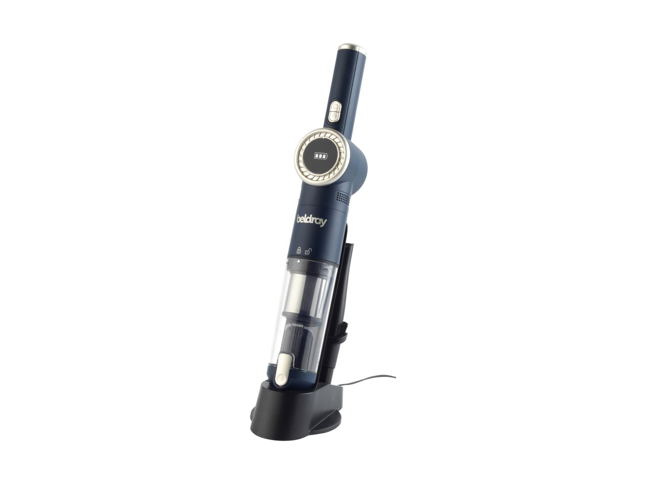 Dark blue handheld vacuum cleaner with a charging base and visible battery indicator.