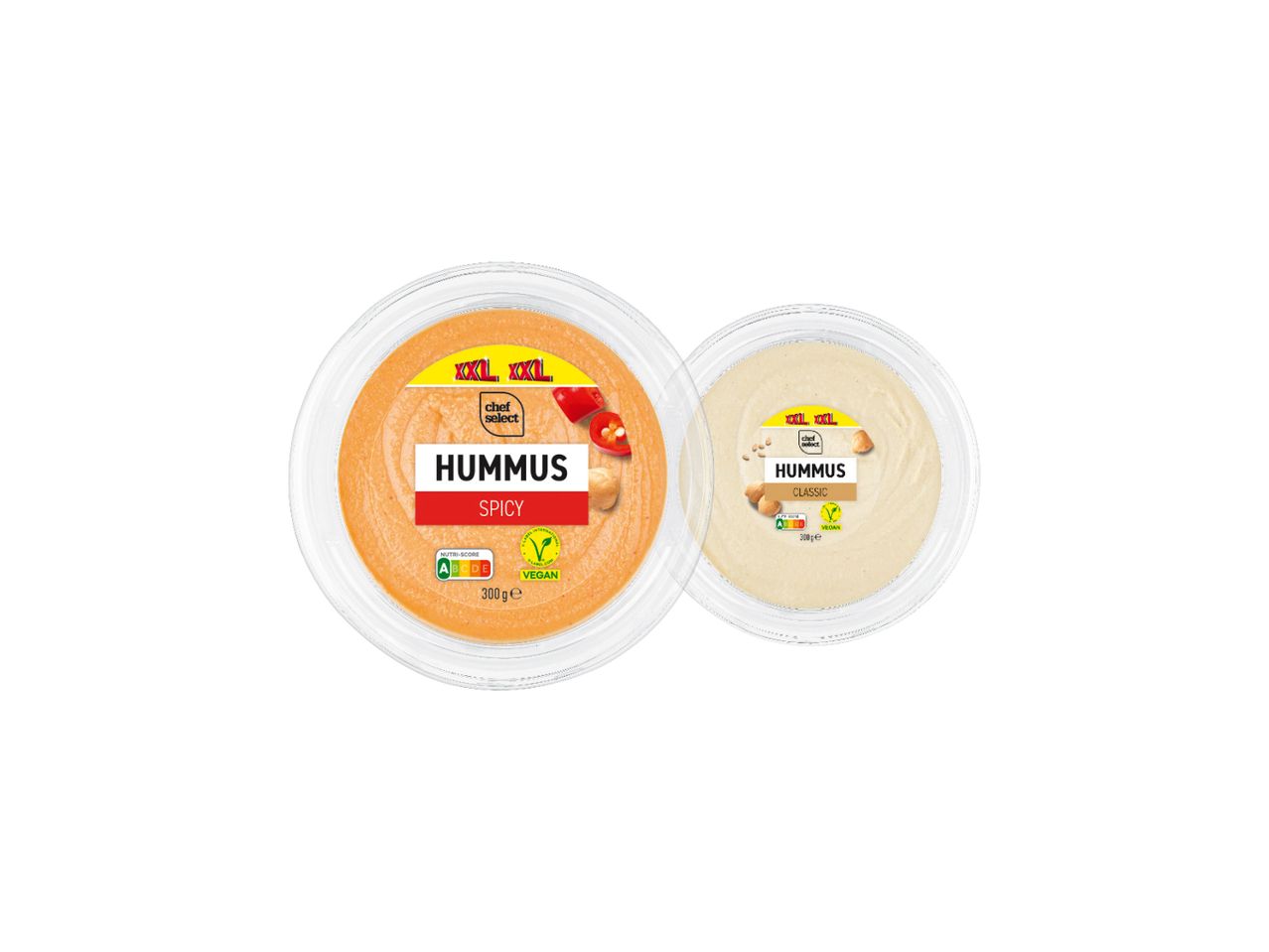 Dva pakovanja Chef Select humusa, jedan začinjen i jedan klasičan, oba u XXL veličini.