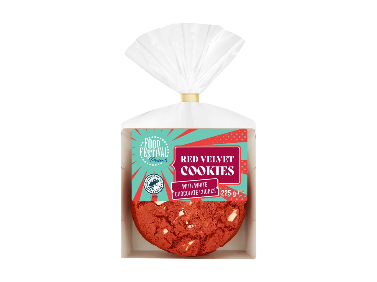 Red Velvet Cookies met witte chocoladestukjes, 225g, in een doorzichtige plastic zak.