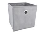 A gray fabric storage cube with a metal handle.