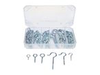 A clear plastic organizer box filled with various sizes of screw eyes and screw hooks, with some pieces displayed below.