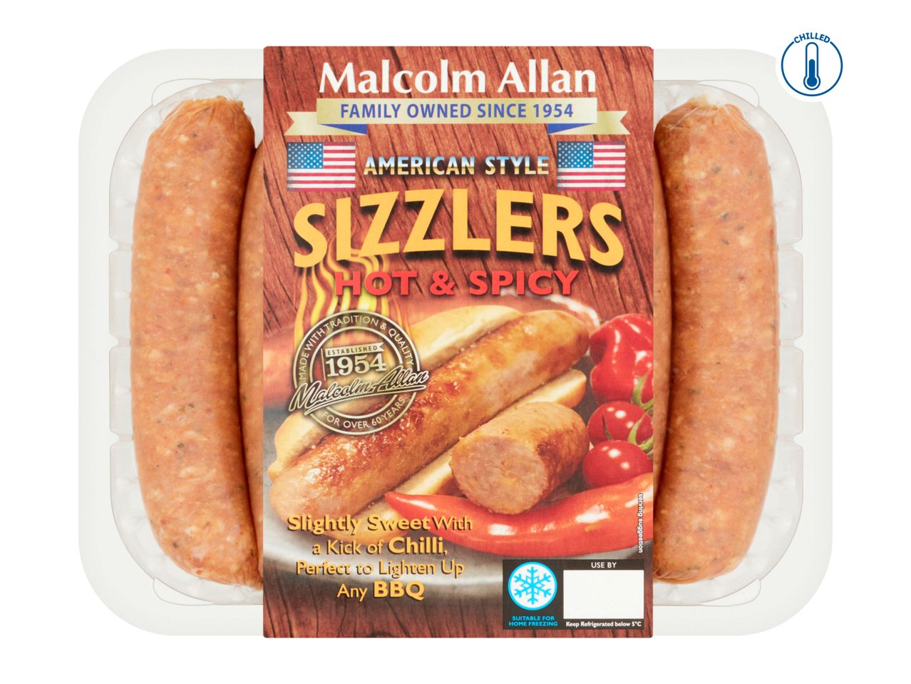 Malcolm Allan American Style Sizzlers, hot and spicy sausages in a clear plastic tray.