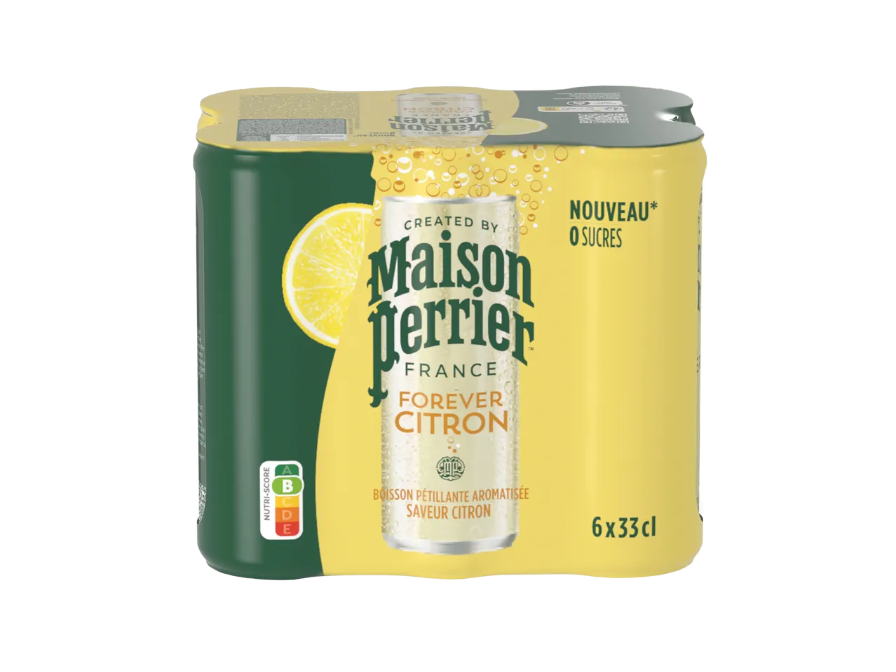 Pack de 6 canettes de boisson pétillante aromatisée au citron, sans sucres, avec Nutri-Score B.
