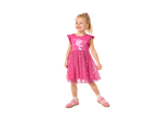 Smiling girl in a pink Peppa Pig dress with sparkly details and pink sneakers