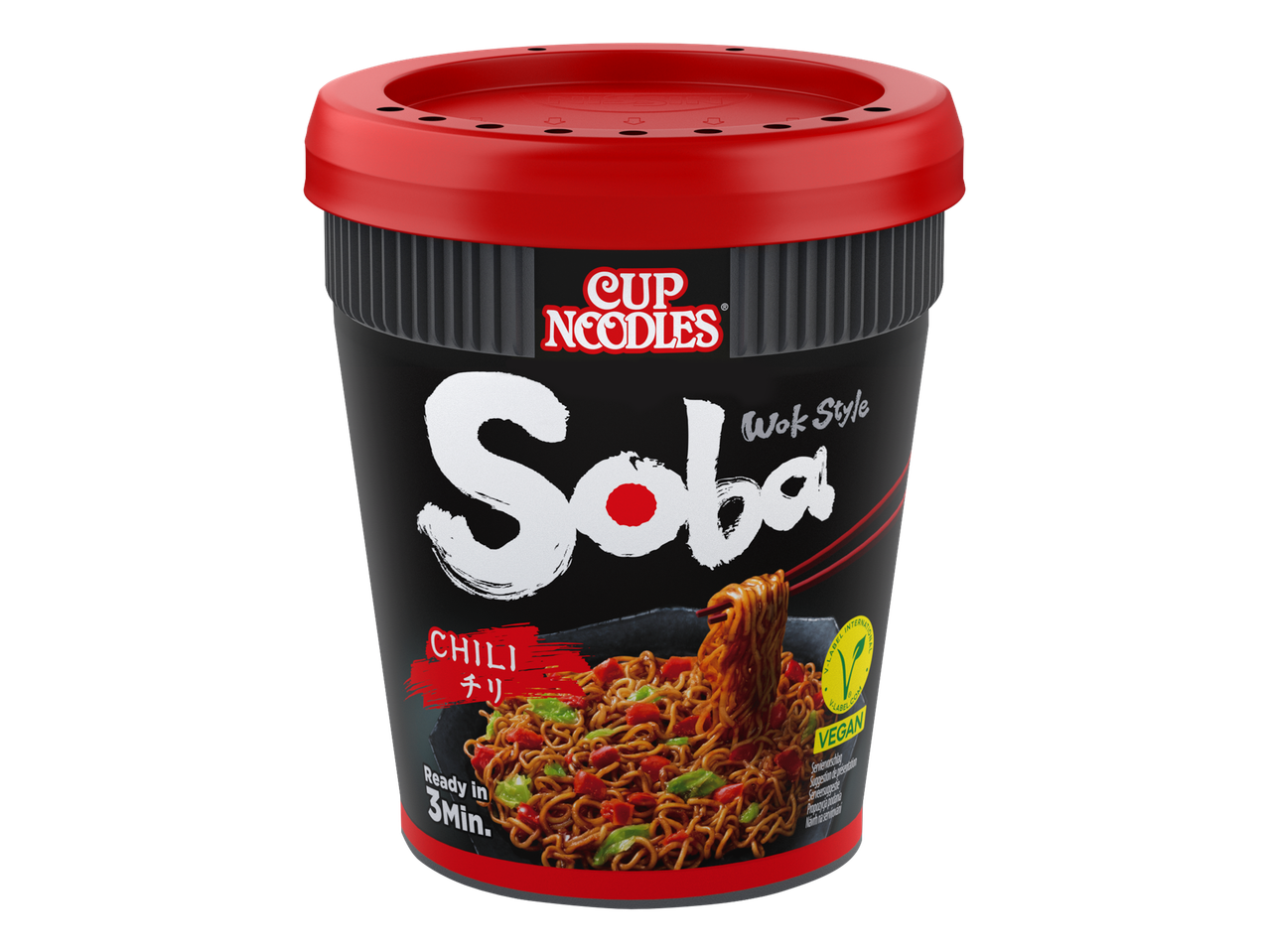 Zwarte instant noedelbeker met rode deksel, met 'Soba Wok Style Chili' en 'Vegan' erop.