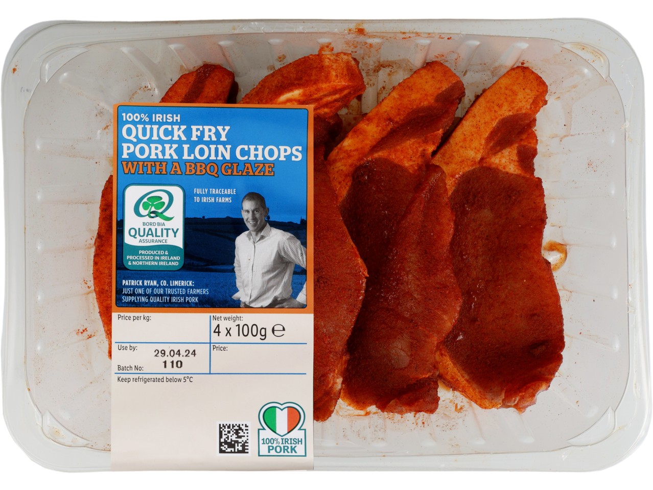 Pack of quick fry pork loin chops with BBQ glaze, showing a farmer and product details.
