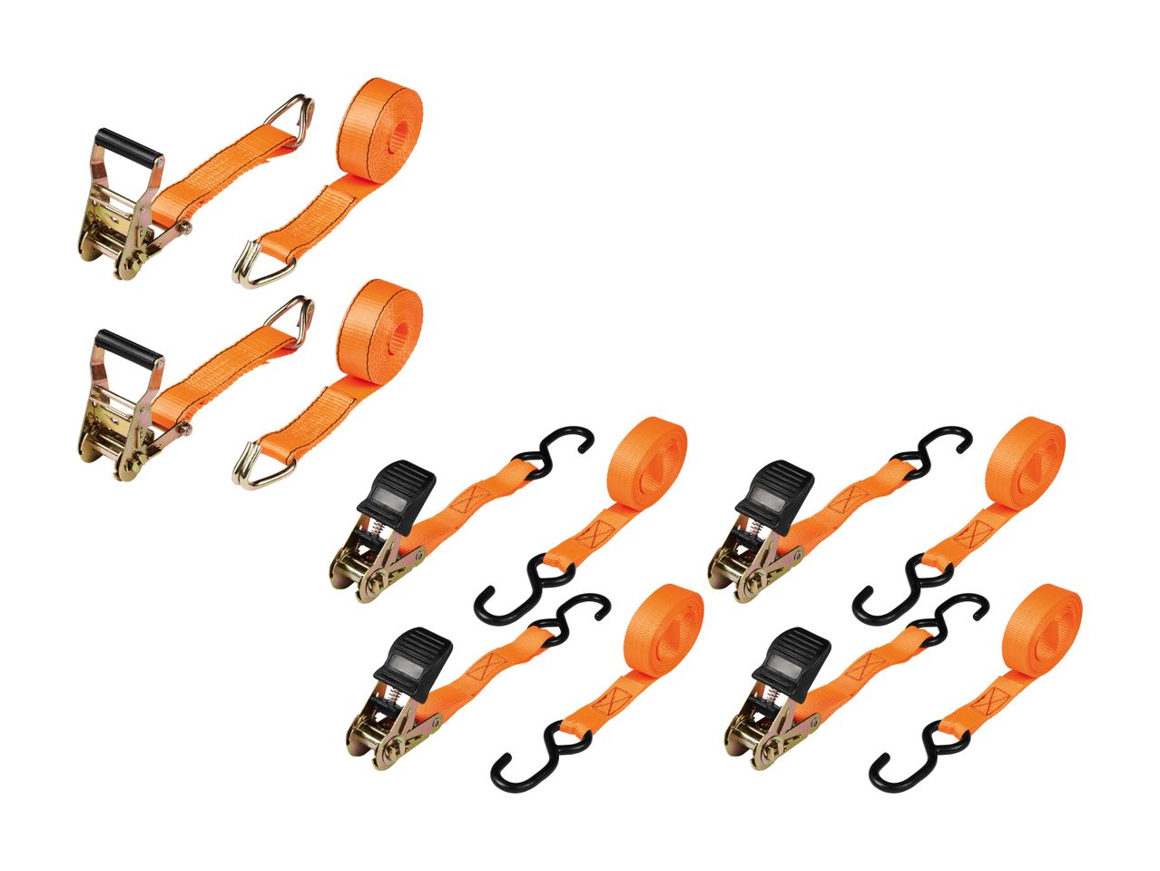Sæt med orange surringsstropper med skralde og S-kroge på hvid baggrund.