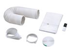 Portable air conditioner accessories: exhaust hose, window seal kit, remote control, and adapters.