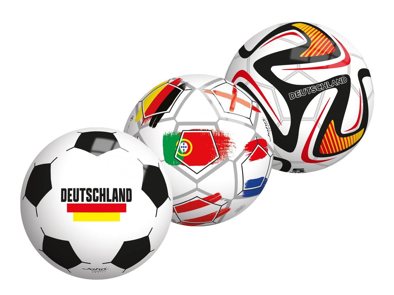 Drei Fußbälle mit Germanland-Design und Länderflaggen wie Portugal, England und Niederlande.