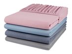 A stack of four folded fitted sheets in pink, light blue, dark blue, and gray.