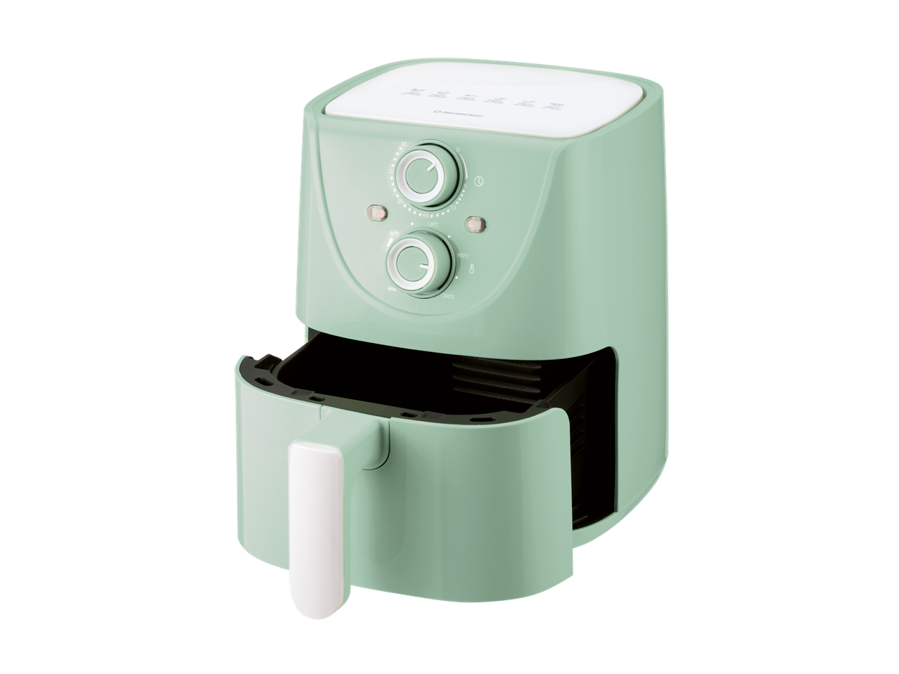 Ljusgrön SilverCrest airfryer med avtagbar korg.