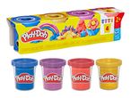 Play-Doh 4-pack with blue, purple, red, and gold glitter compound.