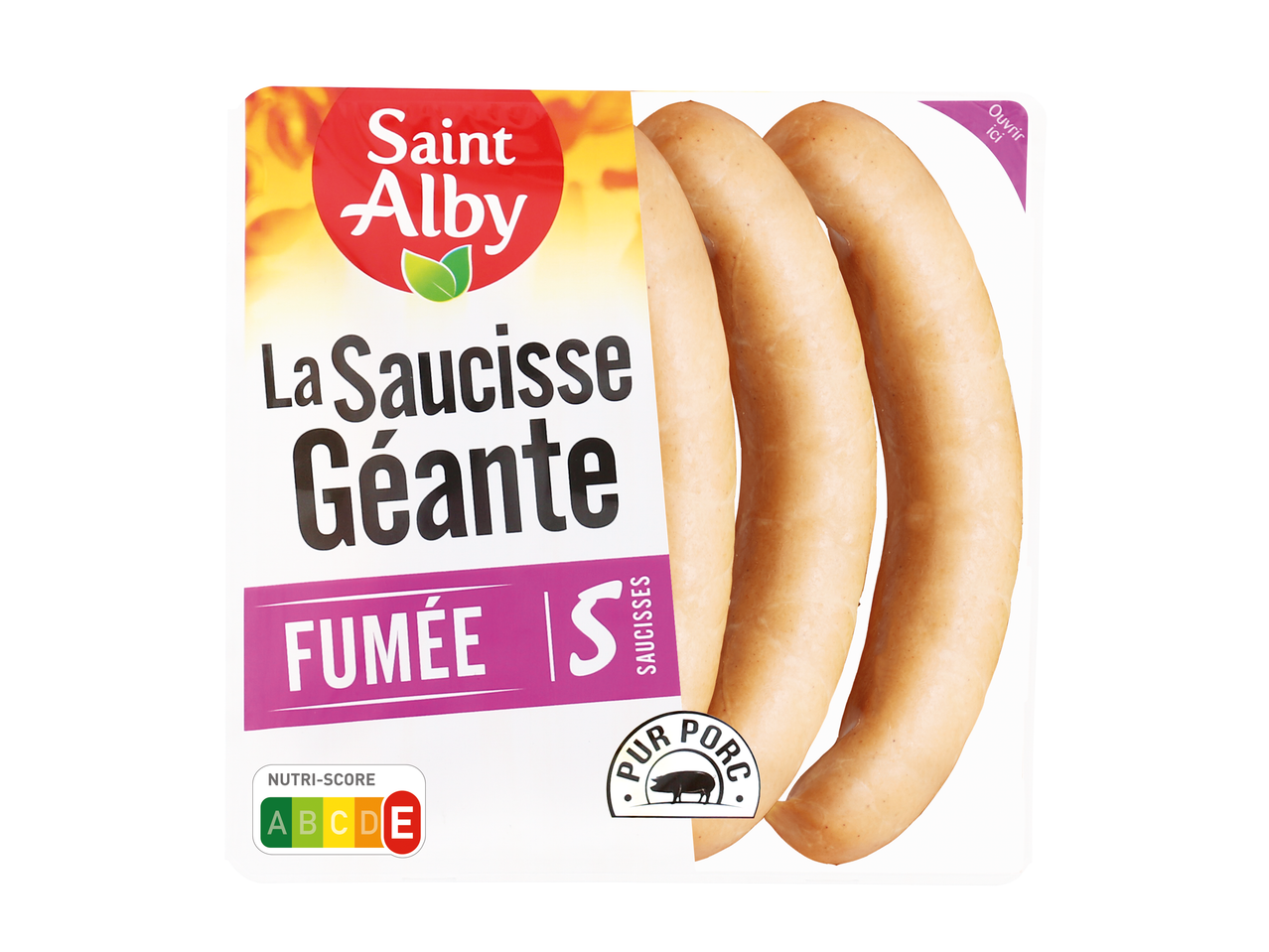 Saucisses géantes fumées Saint Alby, deux dans un paquet.