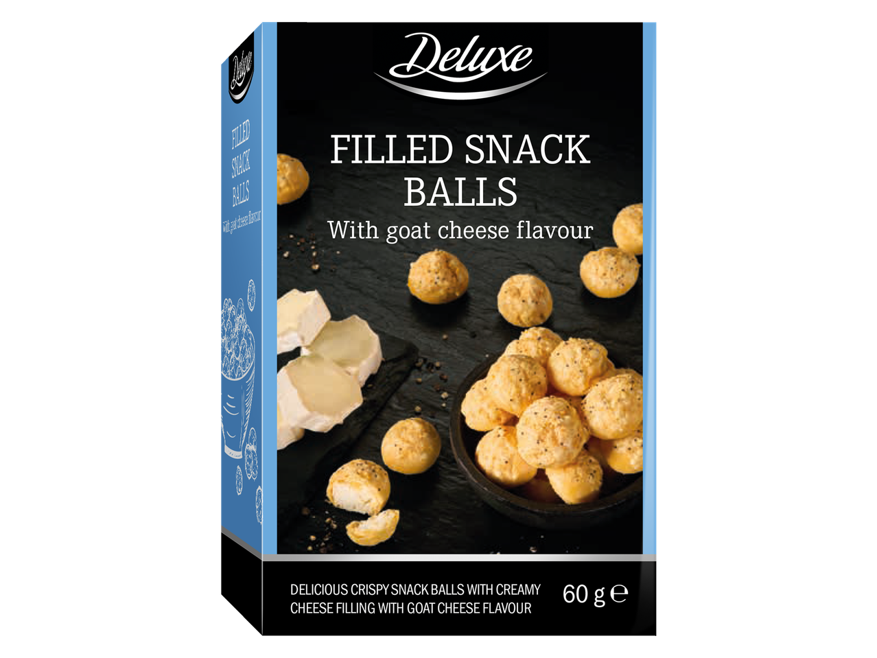 Deluxe: Traškūs įdaryti užkandžių rutuliukai su ožkos sūrio skoniu.