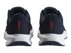 Pair of dark blue athletic shoes with white soles, seen from the back, with red text on the heel.