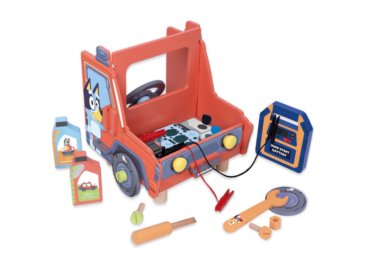 Wooden toy car repair set with tools, jump start battery, and oil bottles.