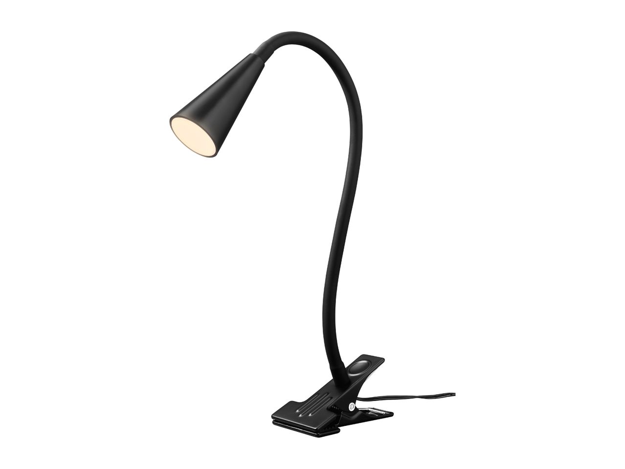 Black clip-on desk lamp with a flexible gooseneck and a conical shade, emitting warm light.