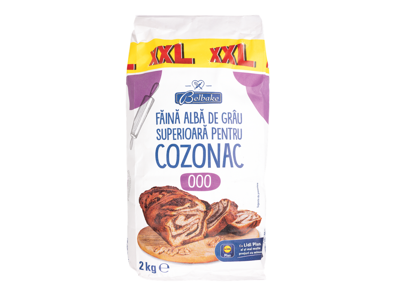 Făină Belbake XXL pentru cozonac și imagine cu un tort.