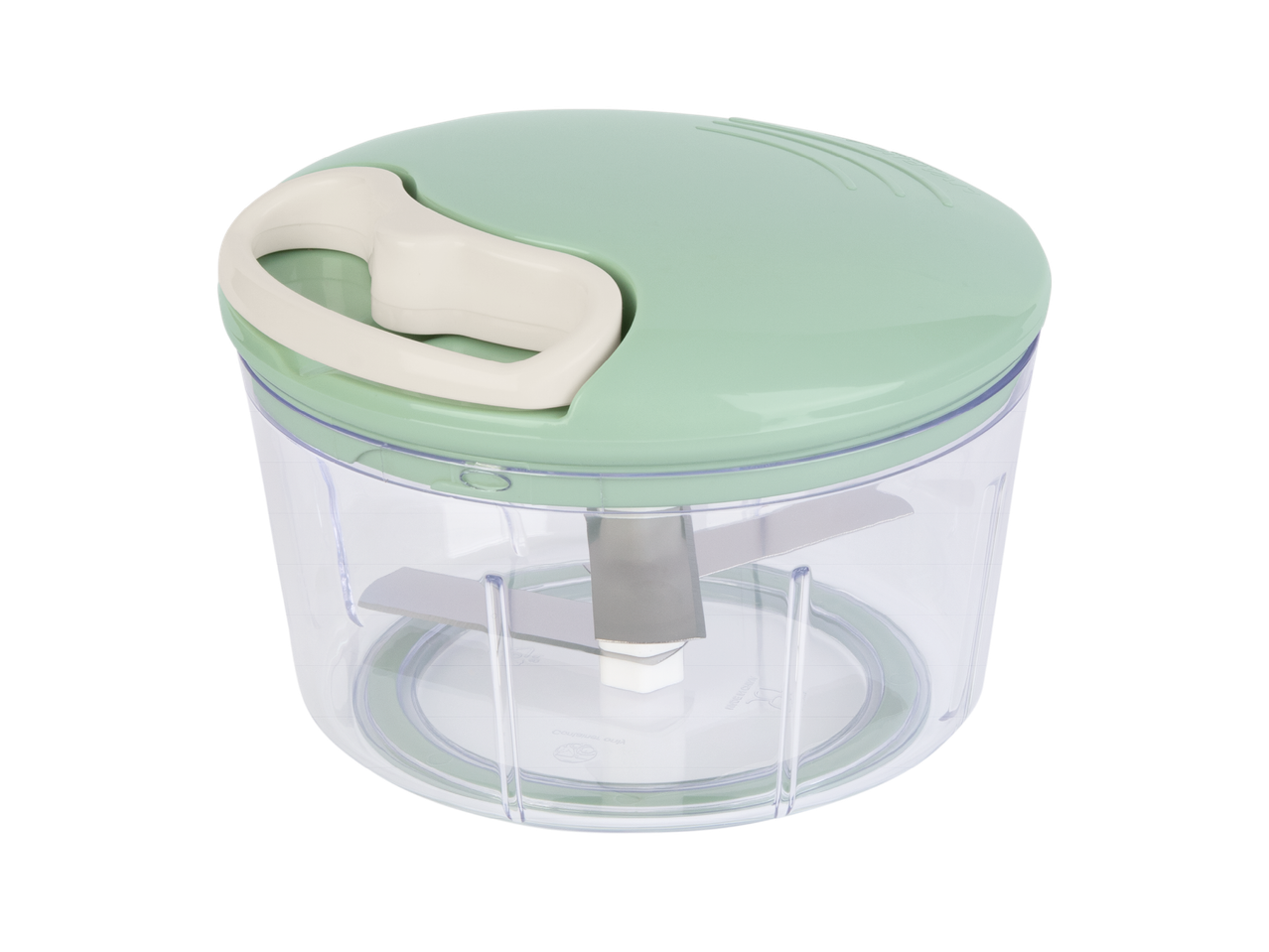 Ръчен чопър за храна със зелен капак и прозрачна купа.