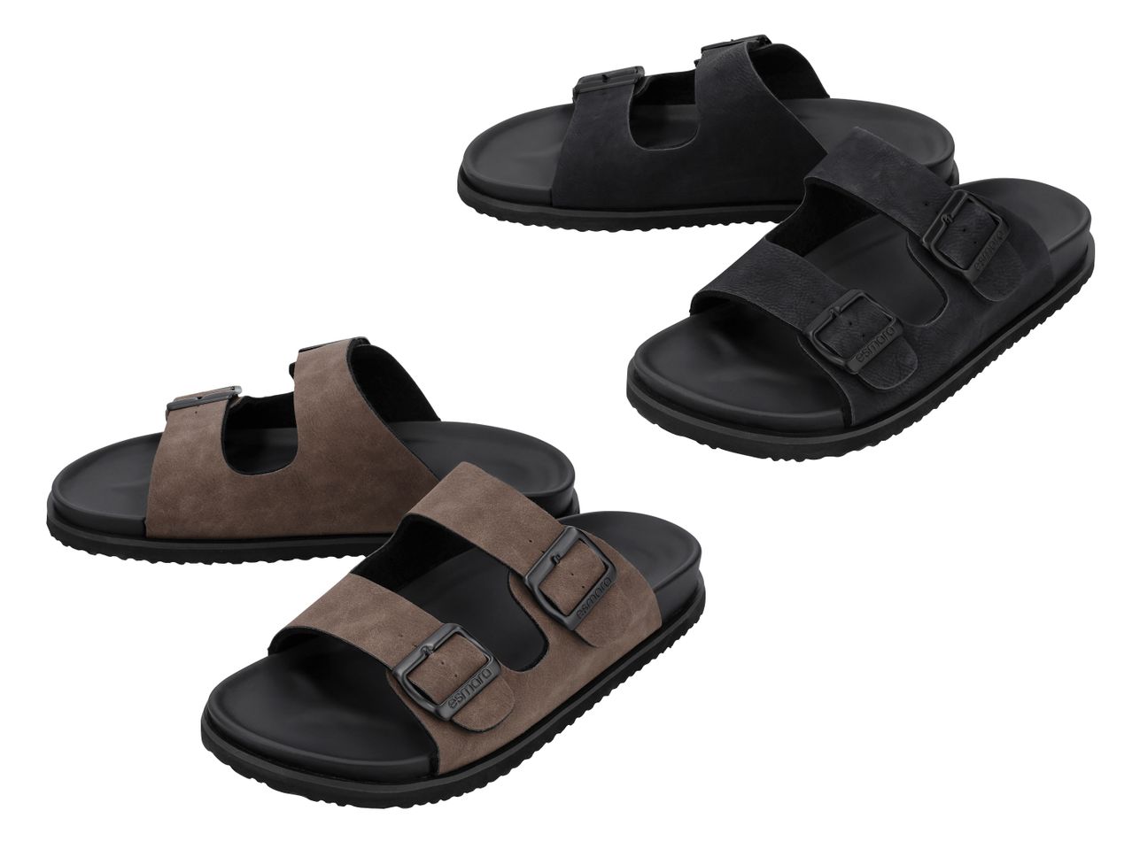 Zwei Paar schwarze und braune Sandalen mit zwei Riemen und Schnallen.