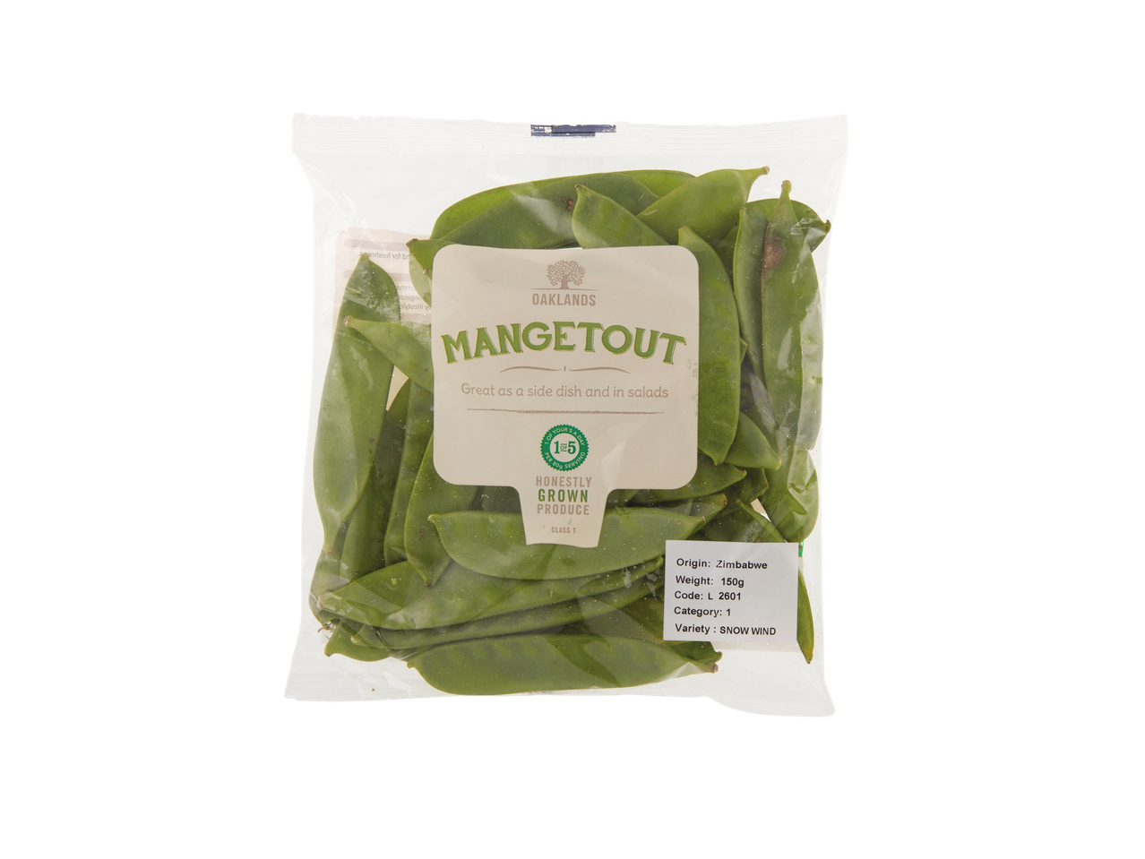 Oaklands Mangetout, 150g, from Zimbabwe, in clear plastic packaging.