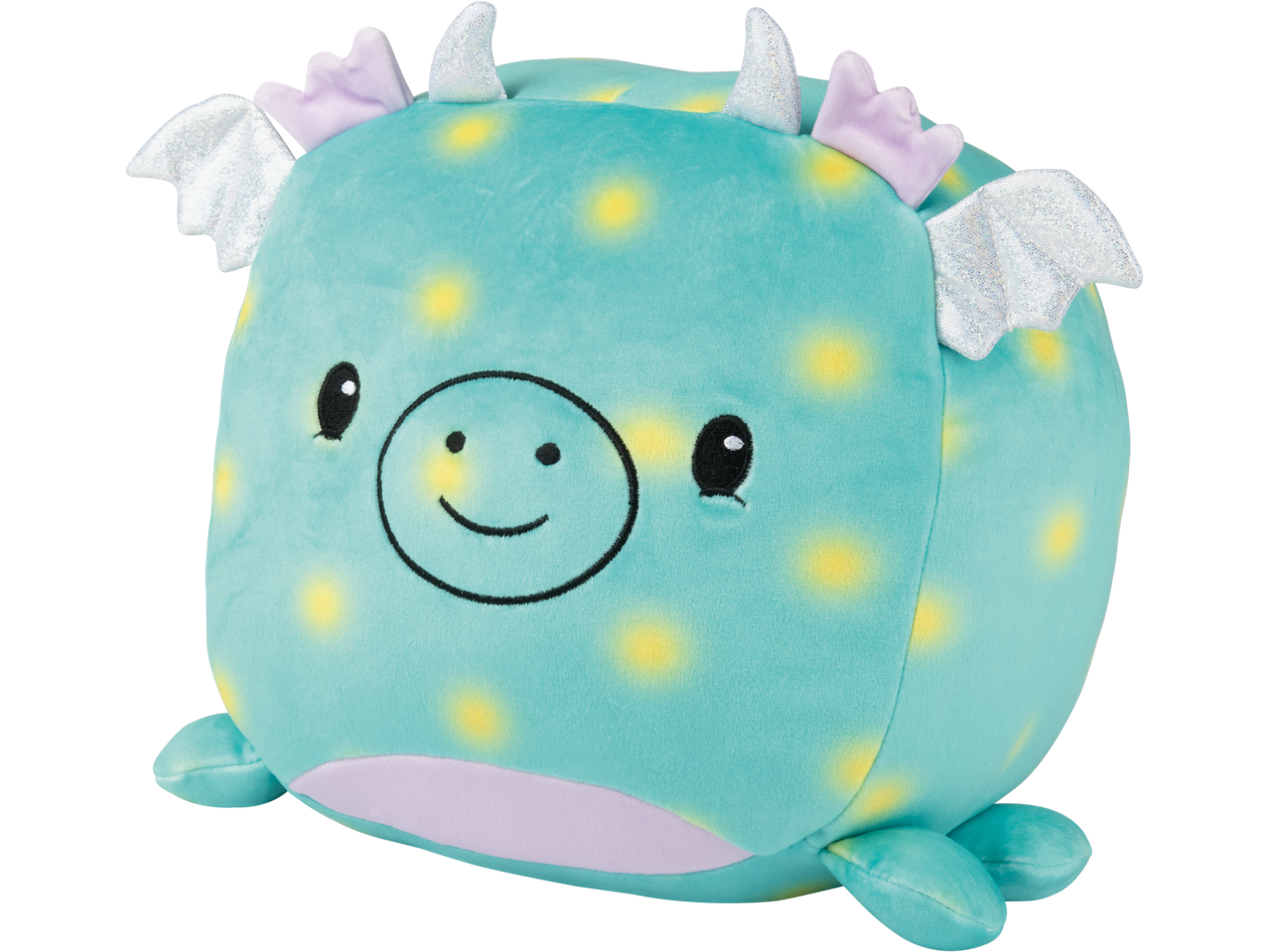 Mėlynas drakono pliušinis žaislas su geltonais taškeliais, blizgančiais sparnais ir ragais