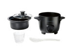 Silvercrest, panela de arroz preta com tampa, copo medidor e espátula.