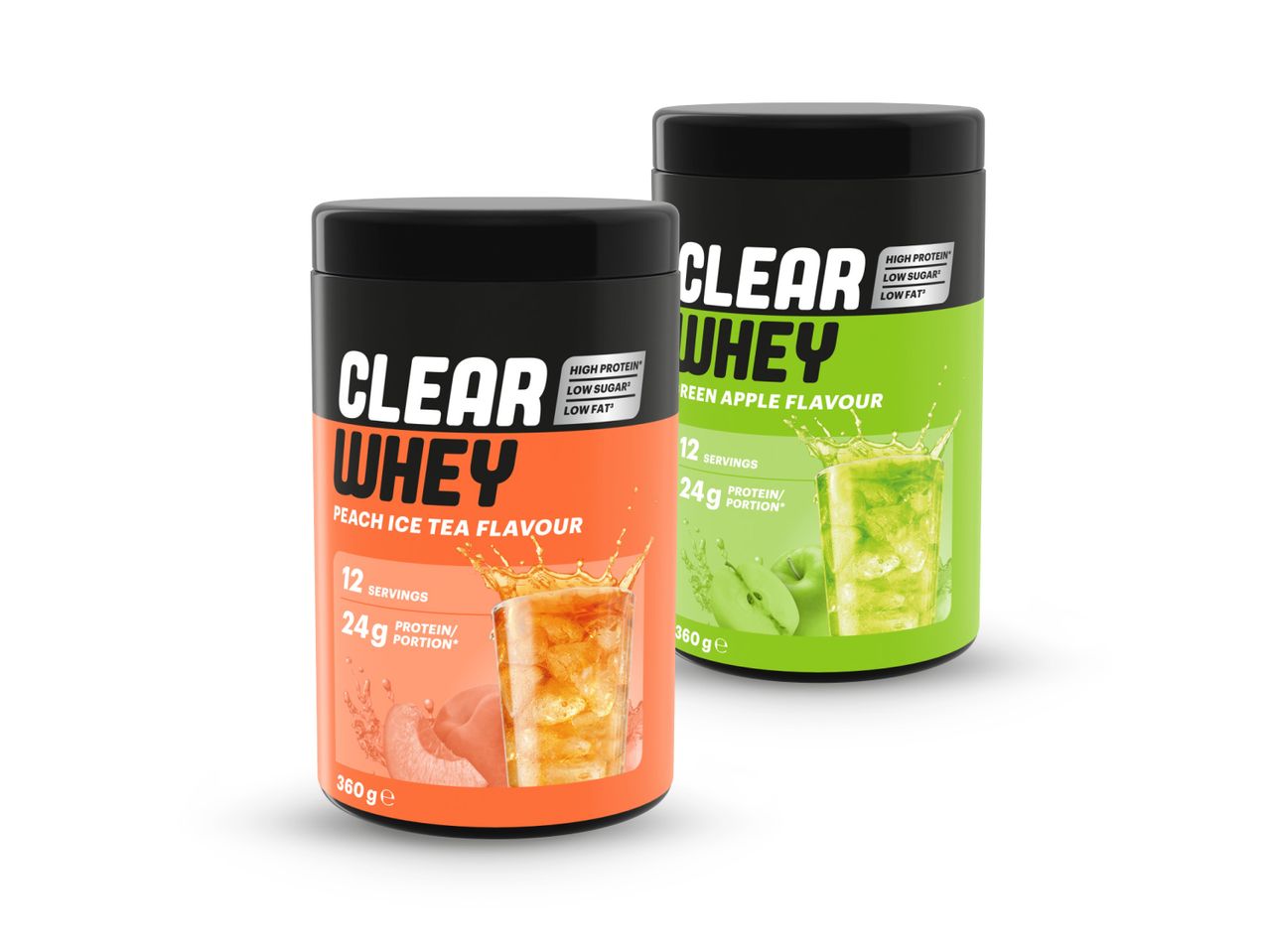 Dvije posude Clear Whey proteina, okusa breskve i zelenog jabuka.