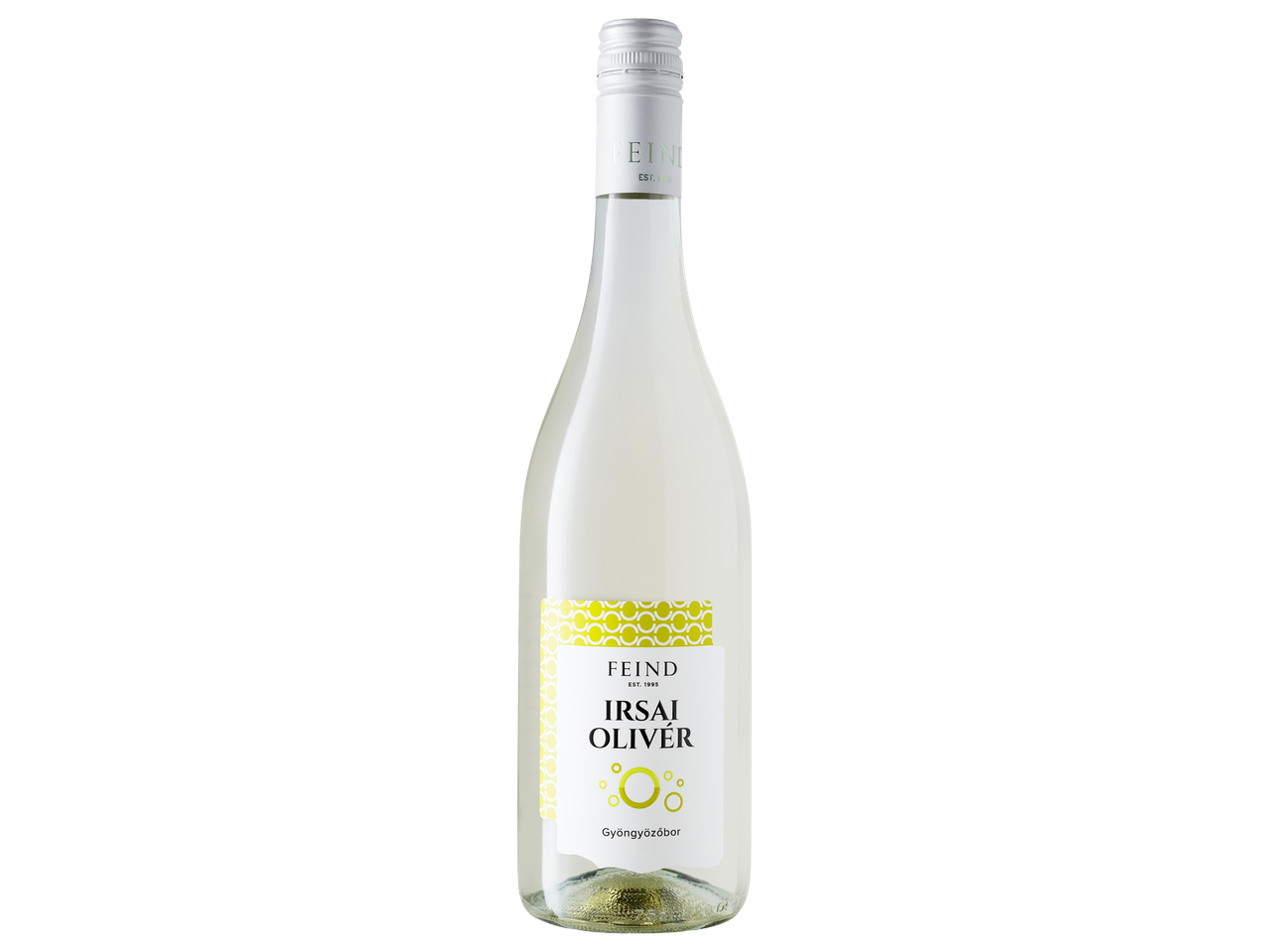 Fehérboros üveg sárga-zöld címkével, rajta „Irsai Olivér Gyöngyözőbor” felirattal.