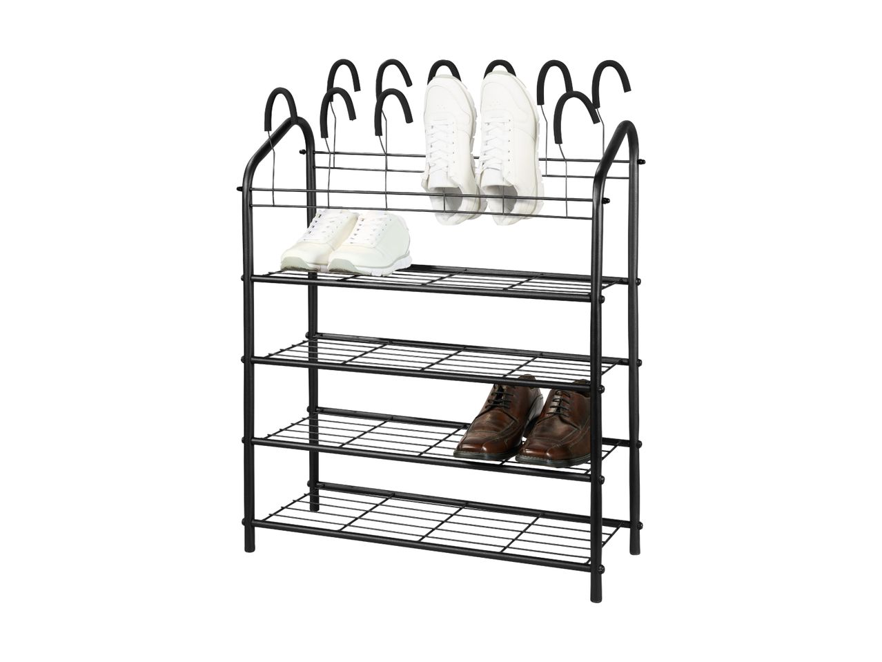 Black metal shoe rack with white sneakers and brown dress shoes, some hanging from hooks.