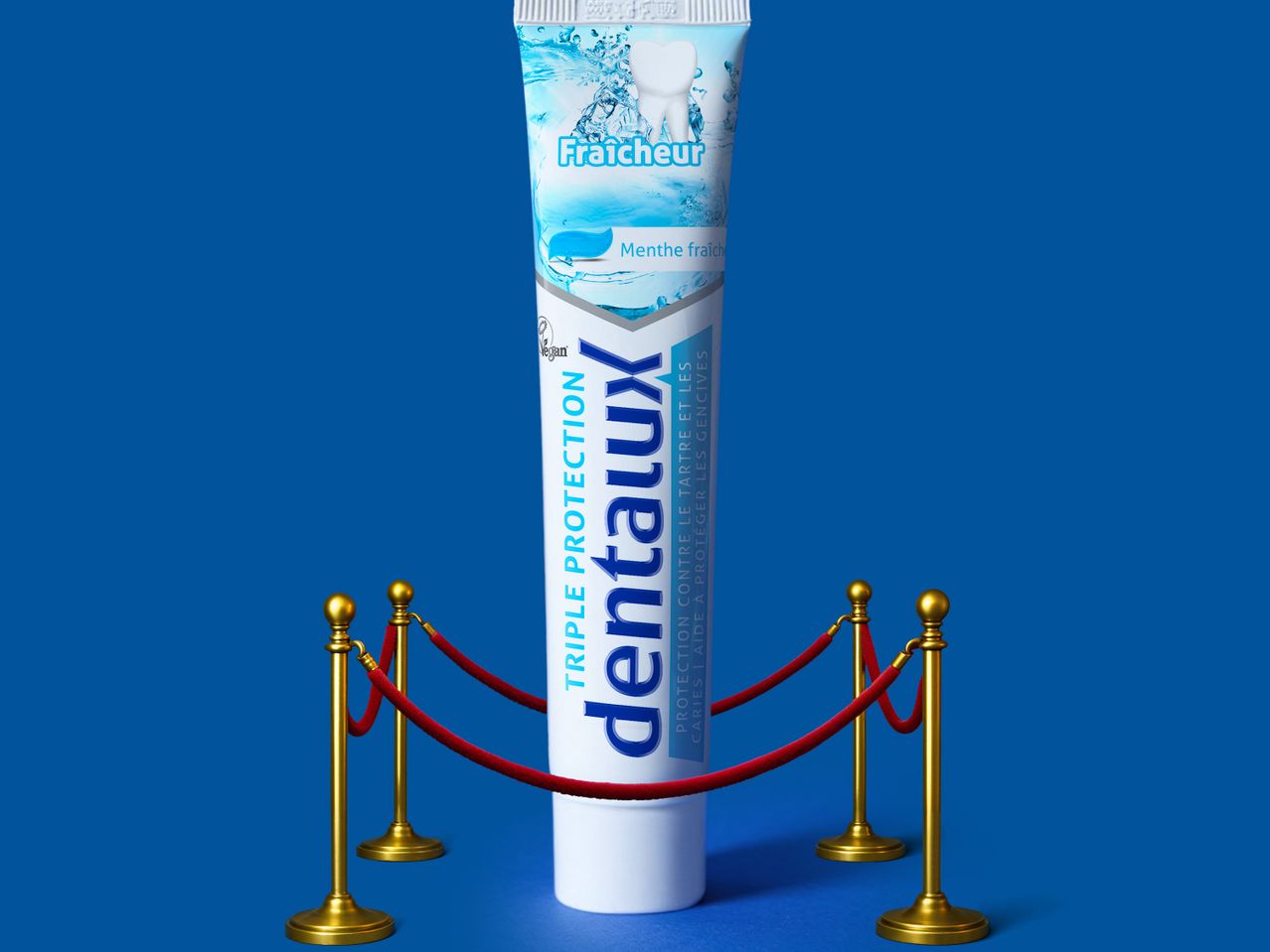 Un tube de dentifrice Dentalux avec des poteaux de velours rouges sur fond bleu.